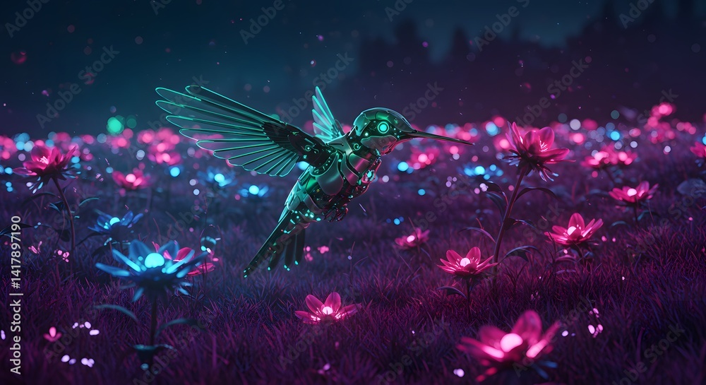 Naklejka premium Conceptual illustration of a robotic hummingbird pollinating a field of glowing neon flowers, digital art