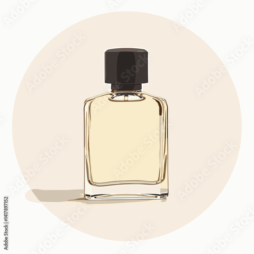 Transparent perfume bottle with a black cap on a soft background  