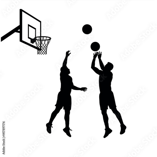 Basketball players in silhouette jumping and shooting ball near hoop in minimal black and white vector illustration