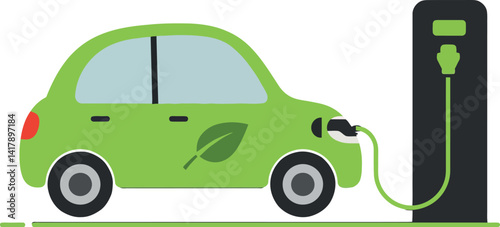 Green electric car plugged into charging station with leaf icon flat style vector illustration