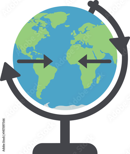 Rotating Earth globe with directional arrows flat design educational vector illustration