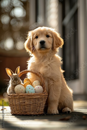 Cute puppy and bunny with Easter eggs. AI.