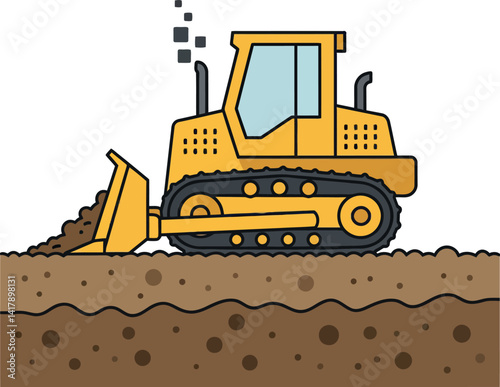 Yellow bulldozer pushing brown soil on flat ground minimal style vector illustration