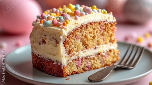 Delicious Easter Cake Slice with Colorful Sprinkles on Plate