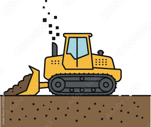 Yellow bulldozer pushing soil with exhaust smoke flat minimal style vector illustration