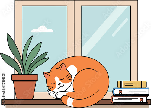 Orange and white cat sleeping curled on windowsill with potted plant and stacked books flat vector illustration
