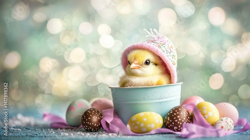 Cute chick in a pink hat. AI.