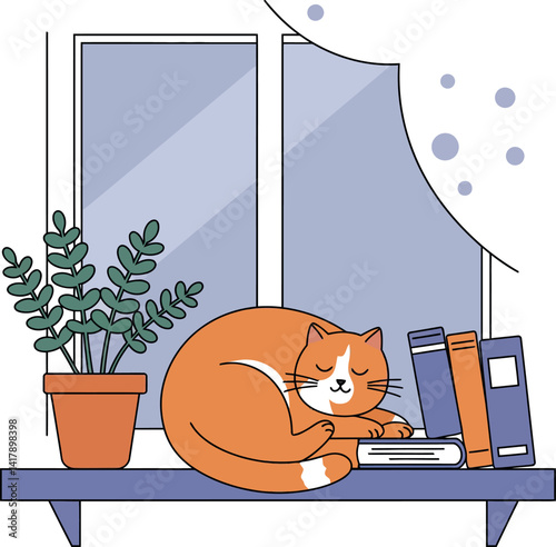 Orange cat sleeping curled on books near potted plant on windowsill minimal vector illustration