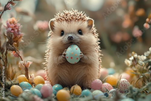 Cute hedgehog holding an Easter egg. AI.