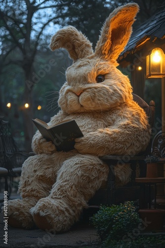 Fluffy rabbit reading a book. AI.