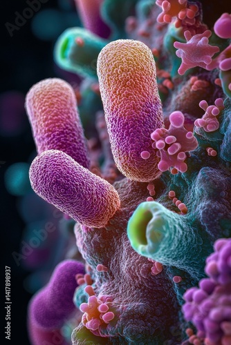 Close-up of microscopic bacteria. AI.