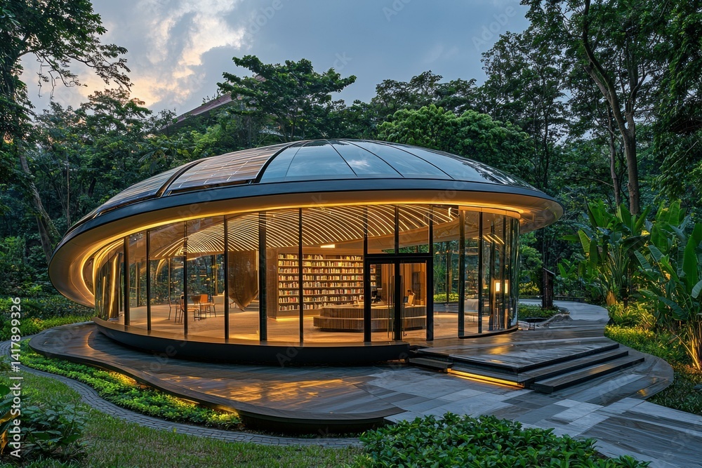 Modern glass library in a park. AI.