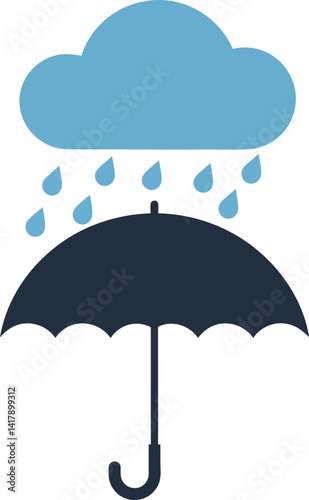 Black umbrella under blue rain cloud with raindrops minimal flat vector illustration