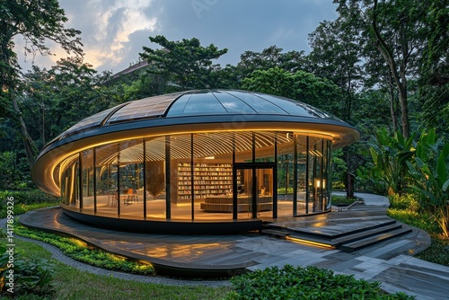 Obraz na płótnie Modern glass library in a park. AI. w salonie
