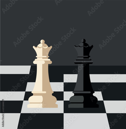 White and black chess queens facing each other on checkered board flat minimal vector illustration