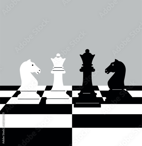 Chess pieces including knight queen and king in minimal black and white flat vector illustration
