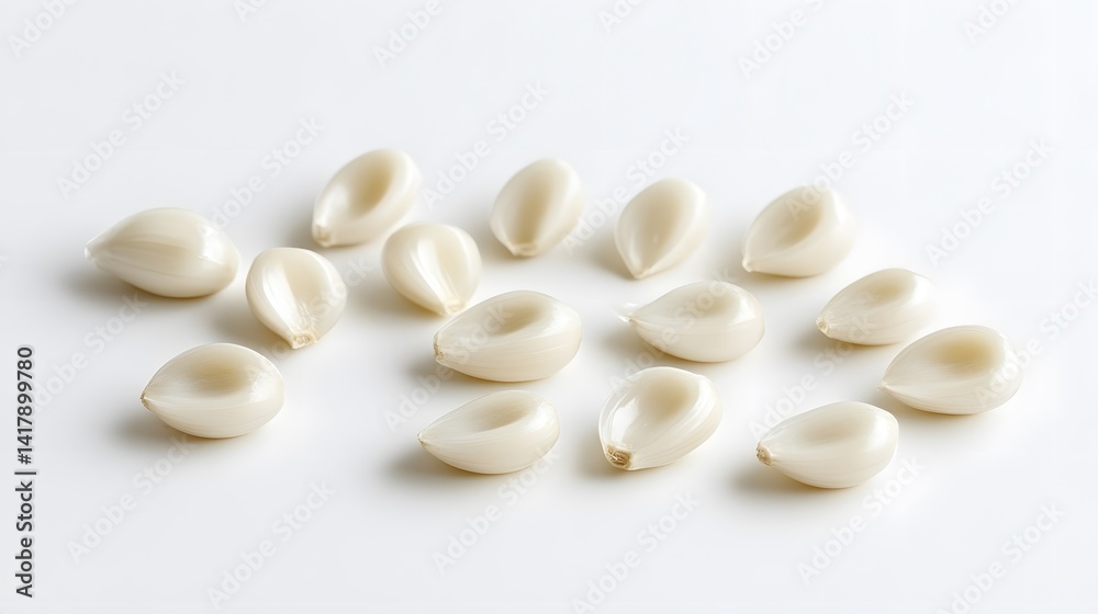 Close-up view of numerous peeled garlic cloves arranged on a white background. The cloves are pristine white and appear fresh, showcasing their smooth texture and subtle curves. Close-up view of numerous peeled garlic cloves arranged on a white background. The cloves are pristine white and appear fresh, showcasing their smooth texture and subtle curves.