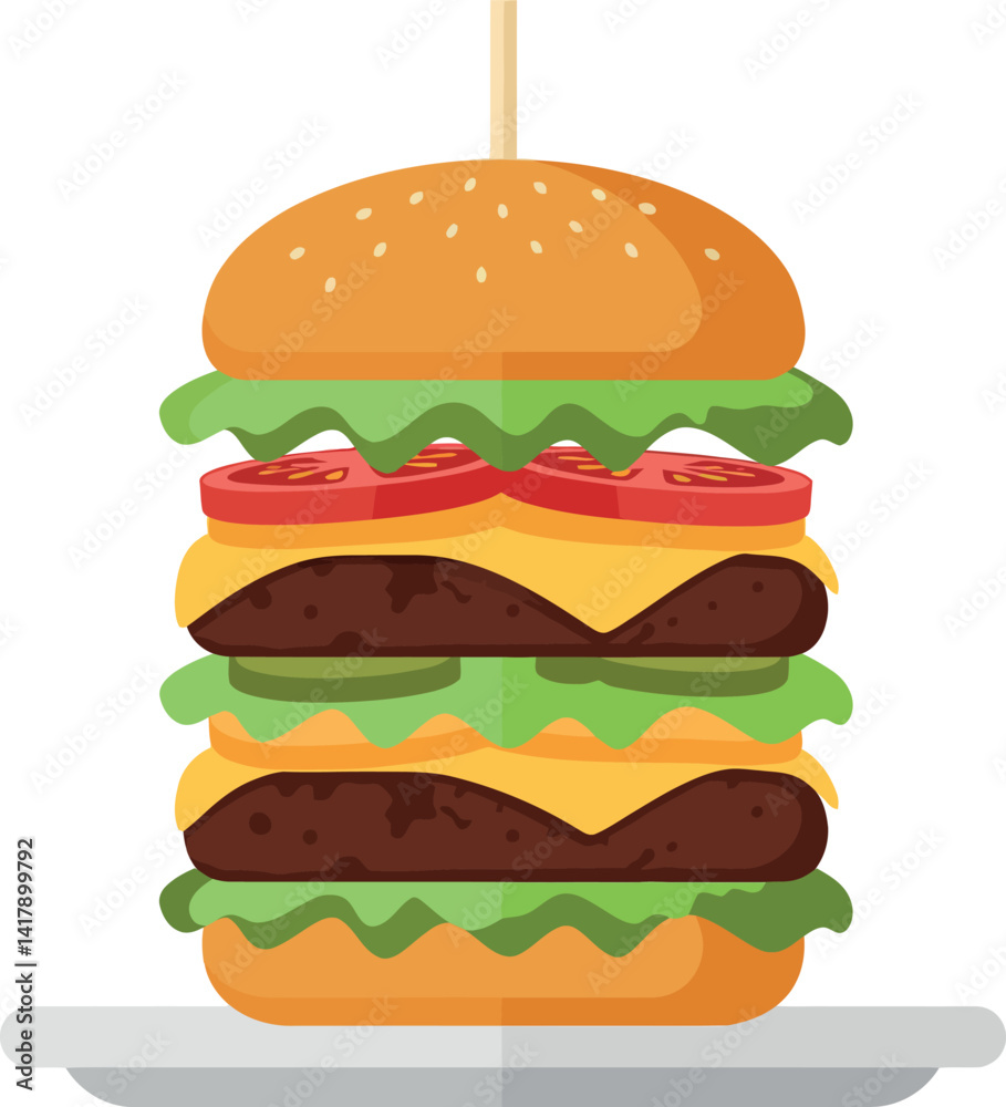 Double cheeseburger with lettuce tomato and bun in flat design style vector illustration Double cheeseburger with lettuce tomato and bun in flat design style vector illustration