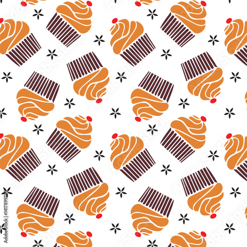 Vector cupcakes, muffin seamless pattern background with pastel colors.