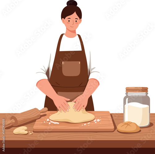 Female baker preparing dough with rolling pin and flour in flat minimal kitchen vector illustration