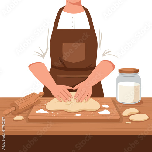 Person kneading dough on wooden table with rolling pin and flour jar minimal flat vector illustration