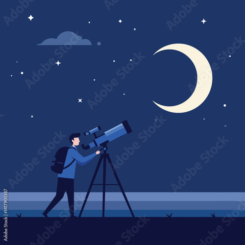 Young man observing night sky through telescope under crescent moon stars flat vector illustration