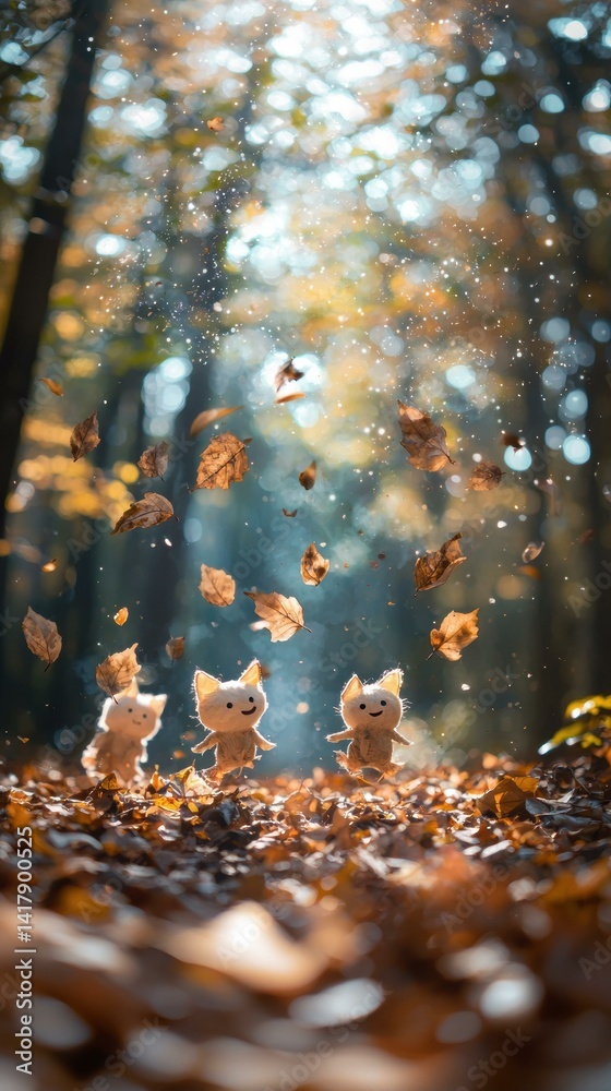 Cute little figures in autumn leaves. AI.