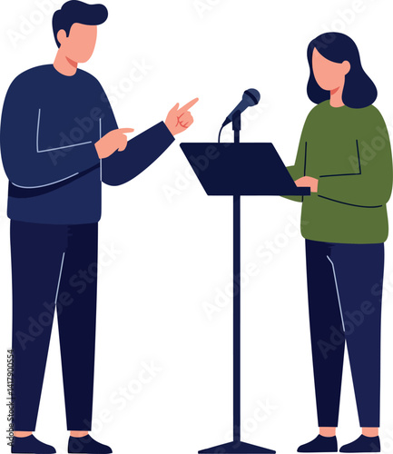 Two young adults rehearsing speech with microphone stand flat design vector illustration