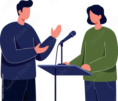 Two people debating at podium in minimal flat style vector illustration with microphone and conversational gesture