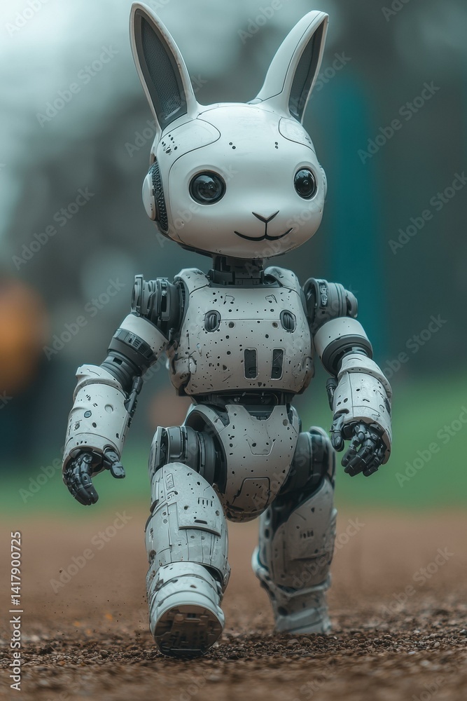 Cute robot with bunny ears. AI.