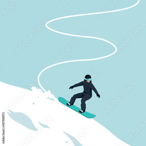 Snowboarder in black gear descending snowy slope with curved trail flat minimal vector illustration