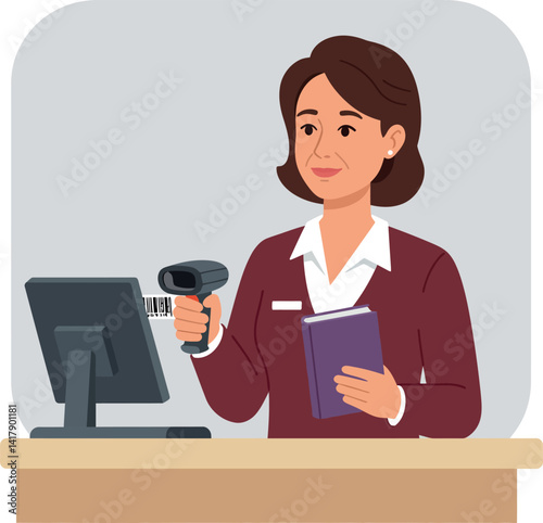 Female librarian scanning book barcode with scanner at counter minimal flat vector illustration