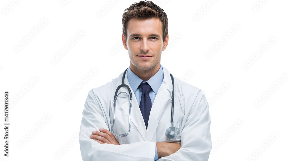 Confident male doctor with a stethoscope, wearing a lab coat and tie, posing against a white background with his arms crossed. Confident male doctor with a stethoscope, wearing a lab coat and tie, posing against a white background with his arms crossed.