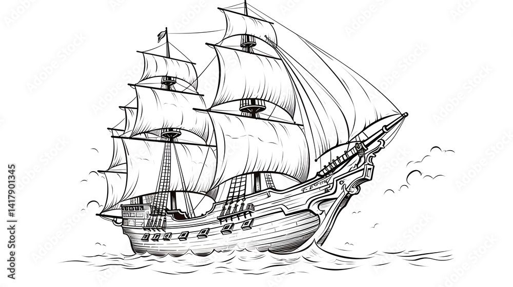 Obraz premium Detailed hand drawn sketch of a pirate ship in vector format