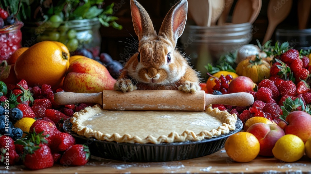 Cute bunny rolling out pie dough. AI.