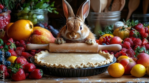 Obraz na płótnie Cute bunny rolling out pie dough. AI. w salonie