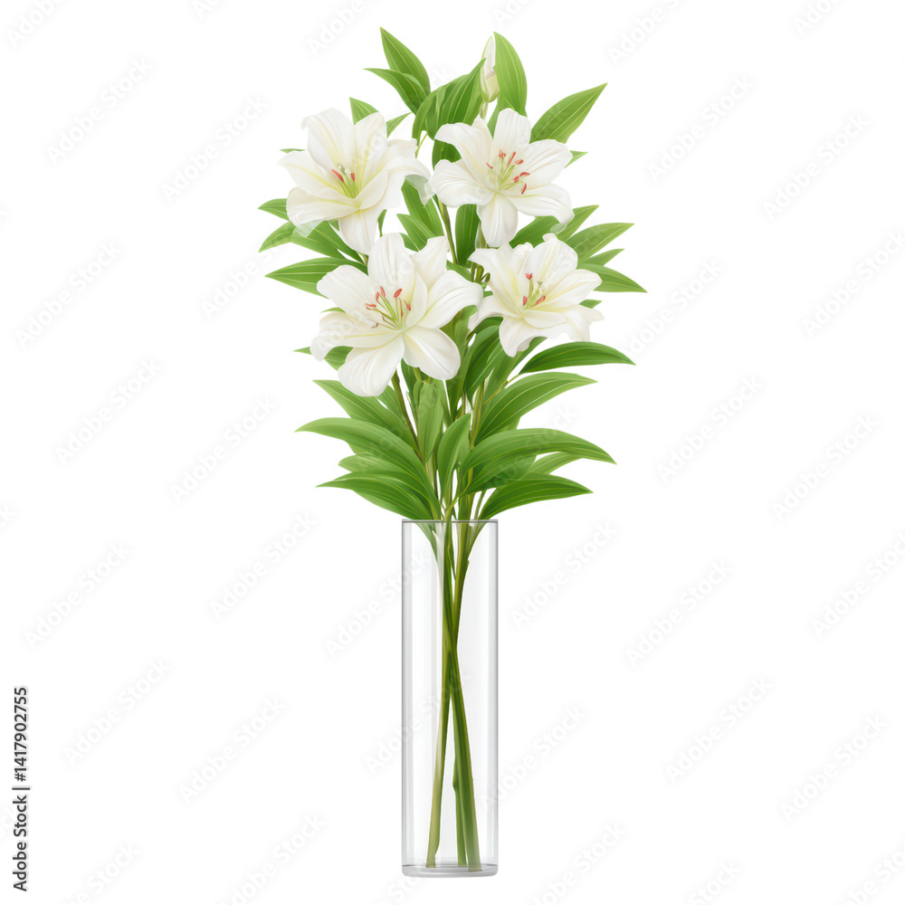 Elegant White Lilies in a Clear Glass Vase for Home Decoration isolated on transparent background. Elegant White Lilies in a Clear Glass Vase for Home Decoration isolated on transparent background.