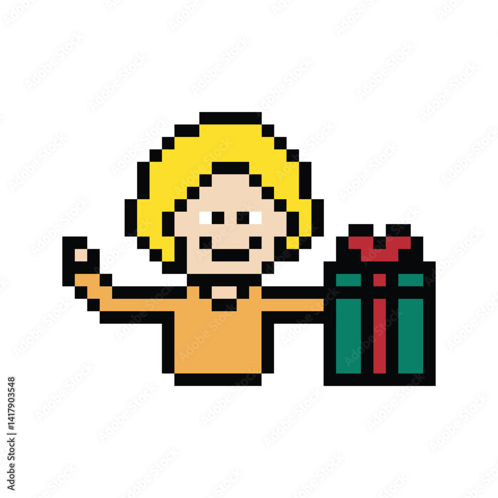Obraz premium Cute pixel cartoon 8bit character man give gift box birthday christmas bonus reward surprise decoration 8 bit male boy give gift box shopping bonus christmas day game 8 bit png vector.