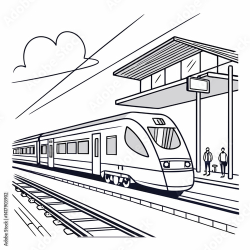 Metro train vector illustration sketch. Fast modern express passenger train on high speed railway station