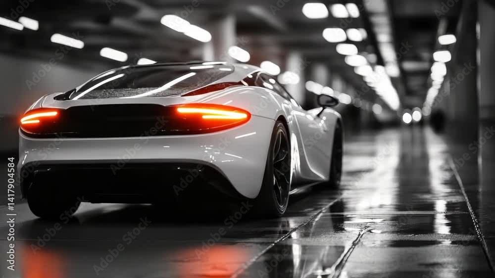 A striking and sleek white sports car is displayed under dynamic lighting in a modern setting, highlighting its aerodynamic curves and cutting-edge technology. Showcasing futuristic design and perform