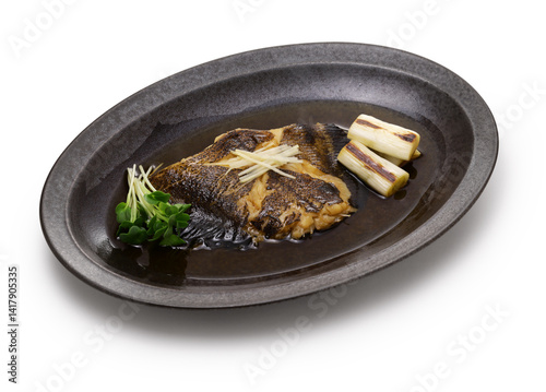 Boiled flatfish in a broth of sweetened soy sauce-based dashi, Japanese cuisine photo