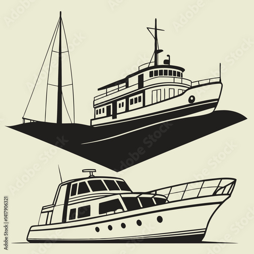 Ship and marine boat black silhouette set
