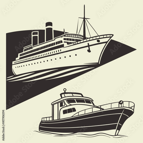 Ship and marine boat black silhouette set