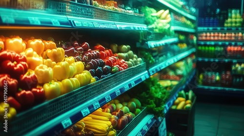 A vibrant grocery store aisle filled with a variety of fruits and vegetables.