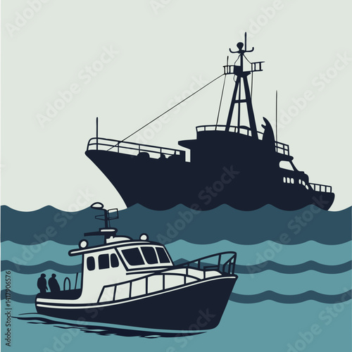Ship and marine boat black silhouette set
