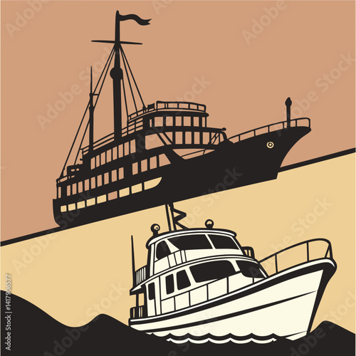 Ship and marine boat black silhouette set