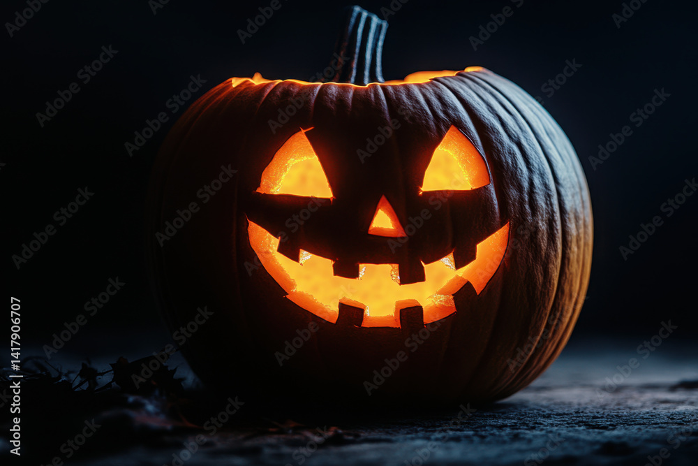 Fototapeta premium Glowing-eyed Halloween pumpkin surrounded by fall leaves, creating a spooky and festive atmosphere.