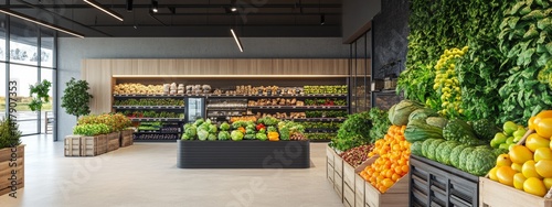 Spacious market interior with wide vegetable display