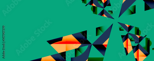 Abstract geometric shapes, vibrant colors dominate. Teal background contrasts with orange, navy elements. Modern design, sharp angles present.