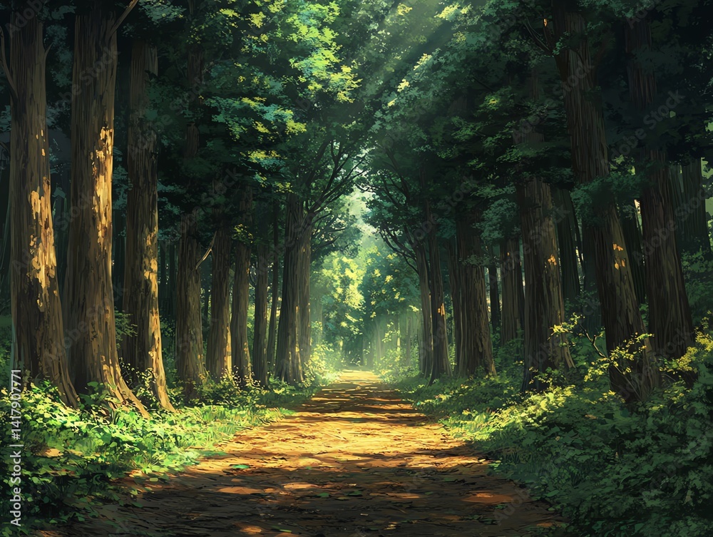 Fototapeta premium Peaceful forest path bathed in sunlight, creating a serene atmosphere. Perfect for nature and travel publications.